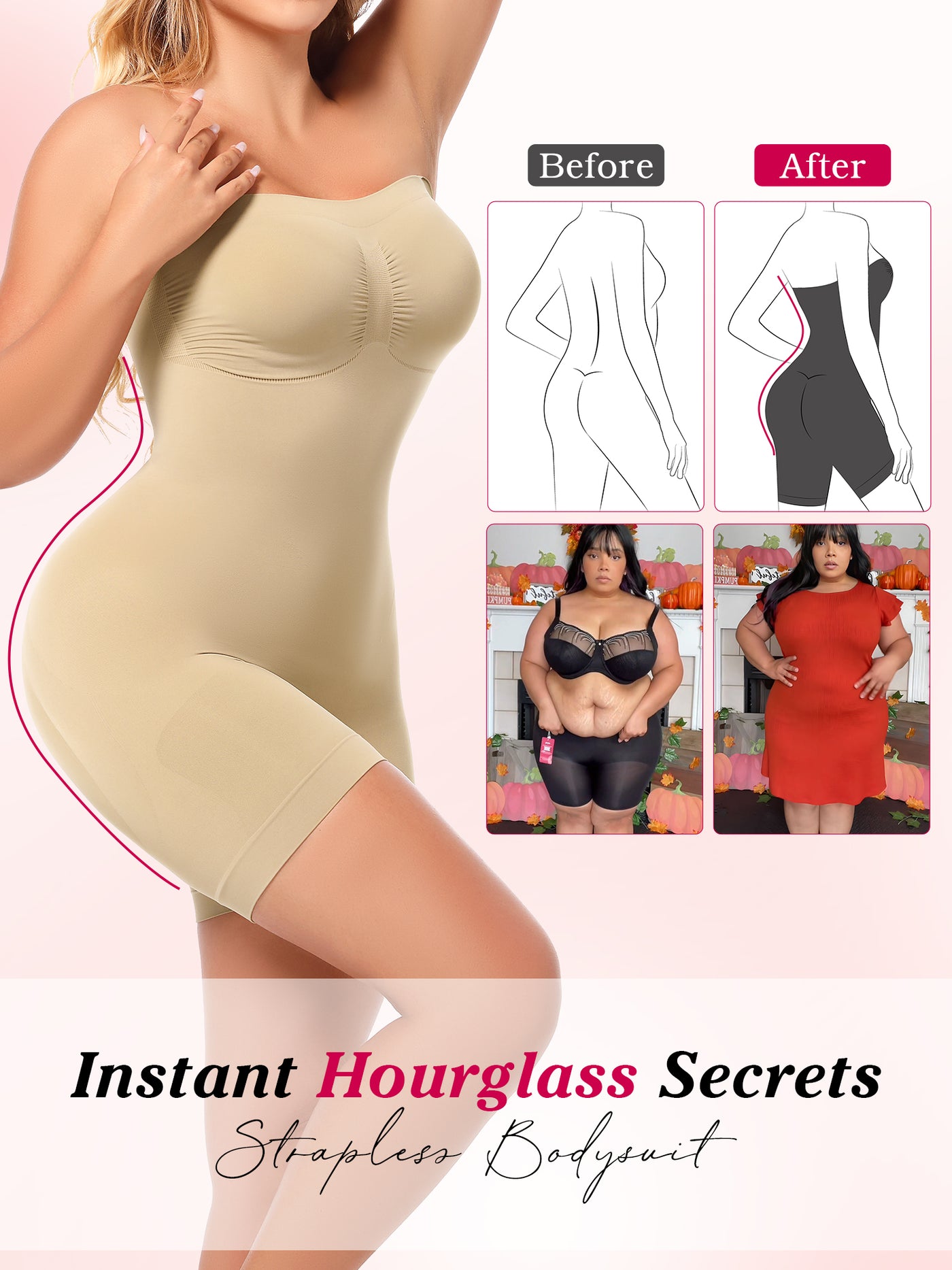 Strapless Bodysuit Seamless Sculpt Shapewear Tummy Control Body Shaper with Removable Straps