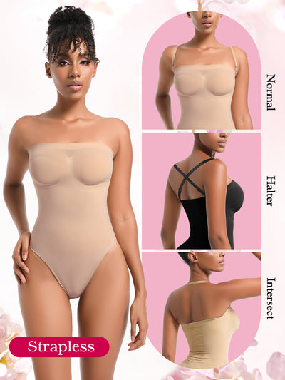 Strapless Shortie Bodysuit Seamless Sculpt Shapewear Tummy Control Body Shaper with Removable Straps