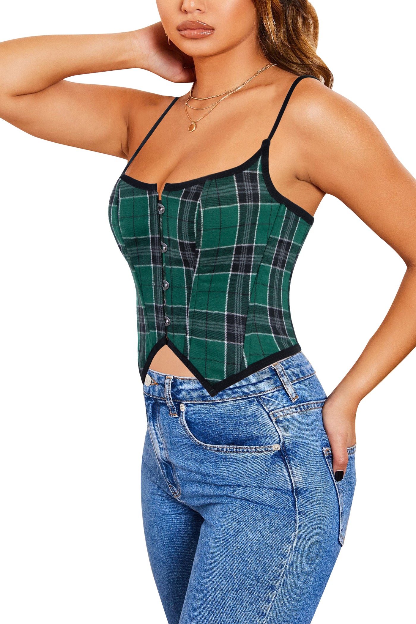 Womens Top Drawer Green Plaid Plastic Boned Curvy Cut Waist Cincher Corset