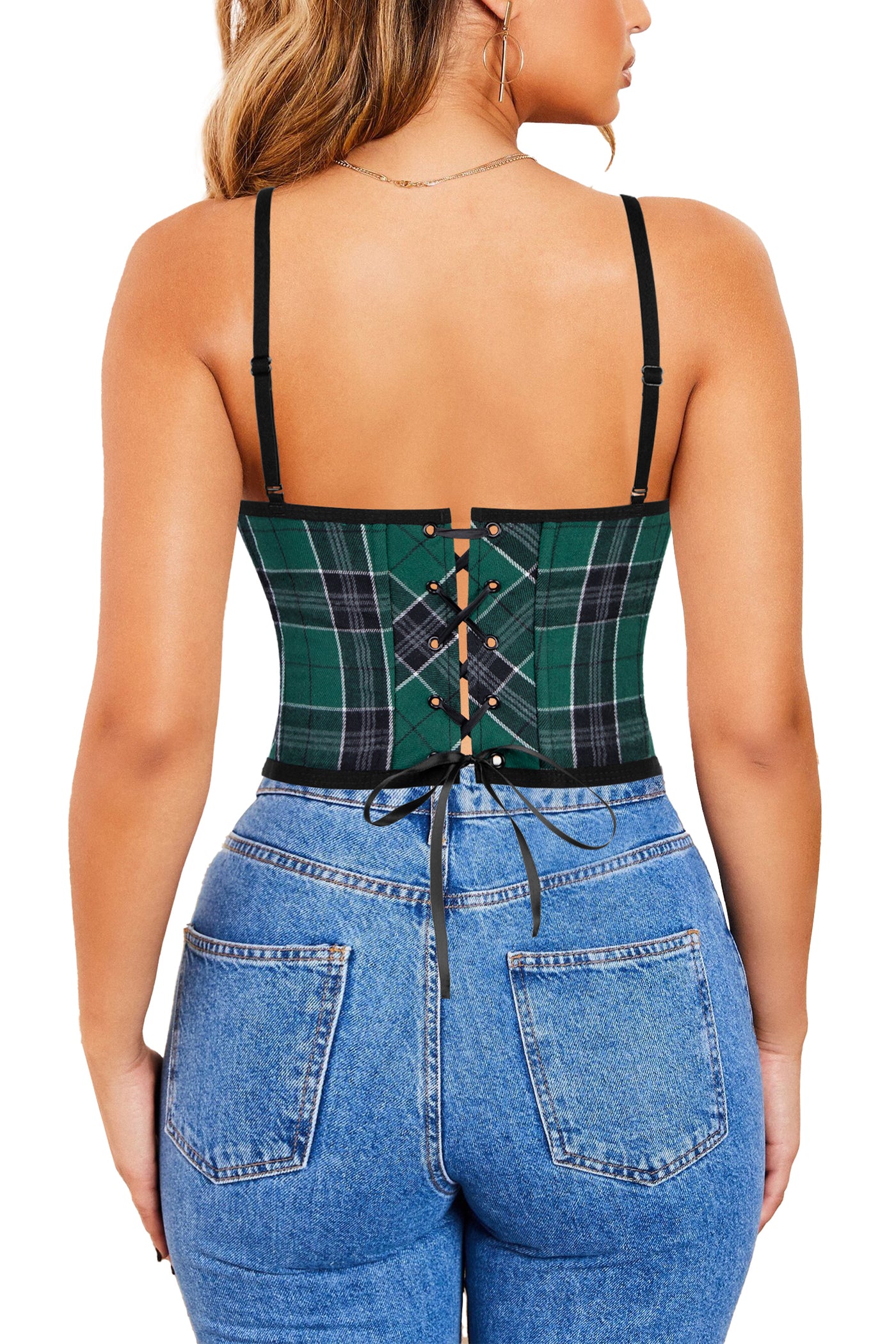 Womens Top Drawer Green Plaid Plastic Boned Curvy Cut Waist Cincher Corset