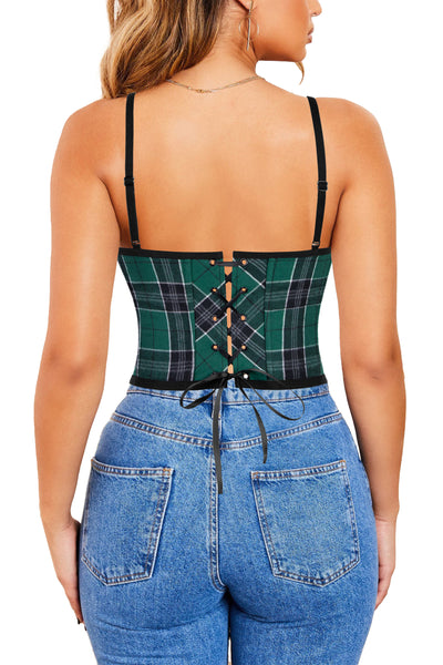 Womens Top Drawer Green Plaid Plastic Boned Curvy Cut Waist Cincher Corset