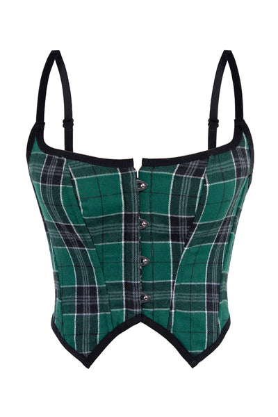 Womens Top Drawer Green Plaid Plastic Boned Curvy Cut Waist Cincher Corset